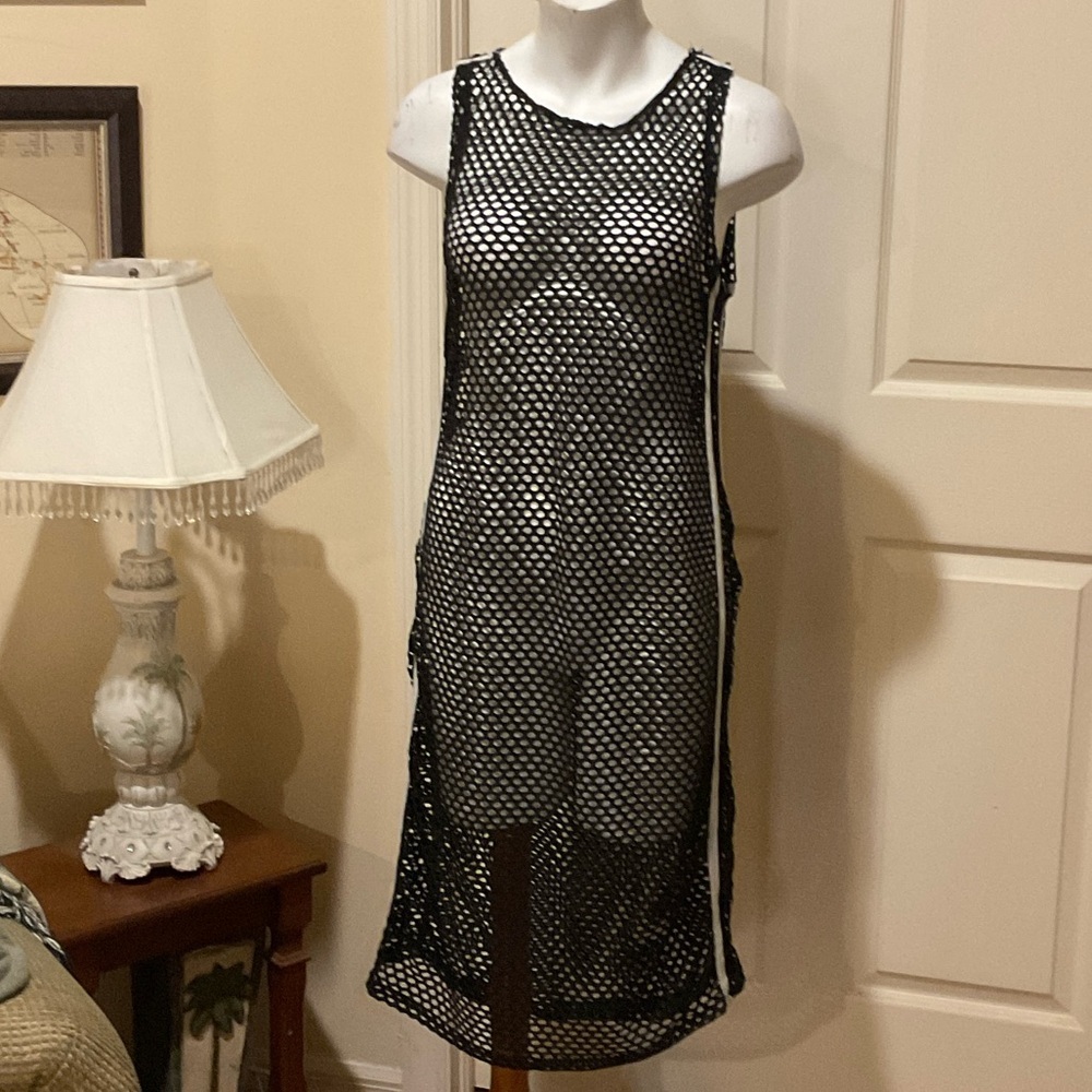 Black Fishnet Sleeveless Midi Dress/ Cover up. XL Stretch